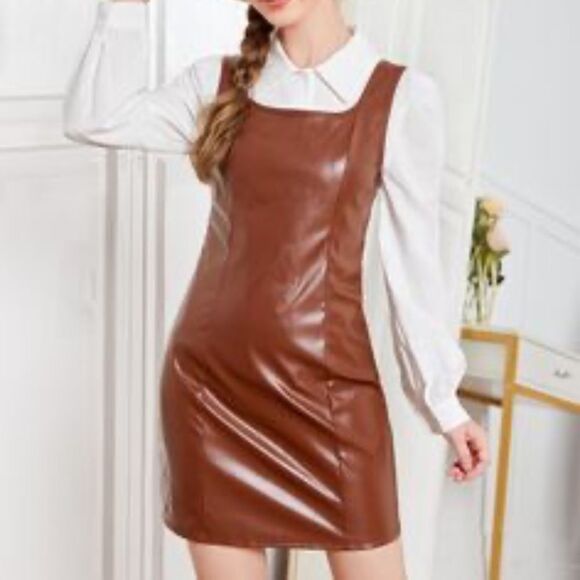 Jolie & Joy Brown Faux Leather Sleeveless Mini Dress in Size Medium - Picture 1 of 10